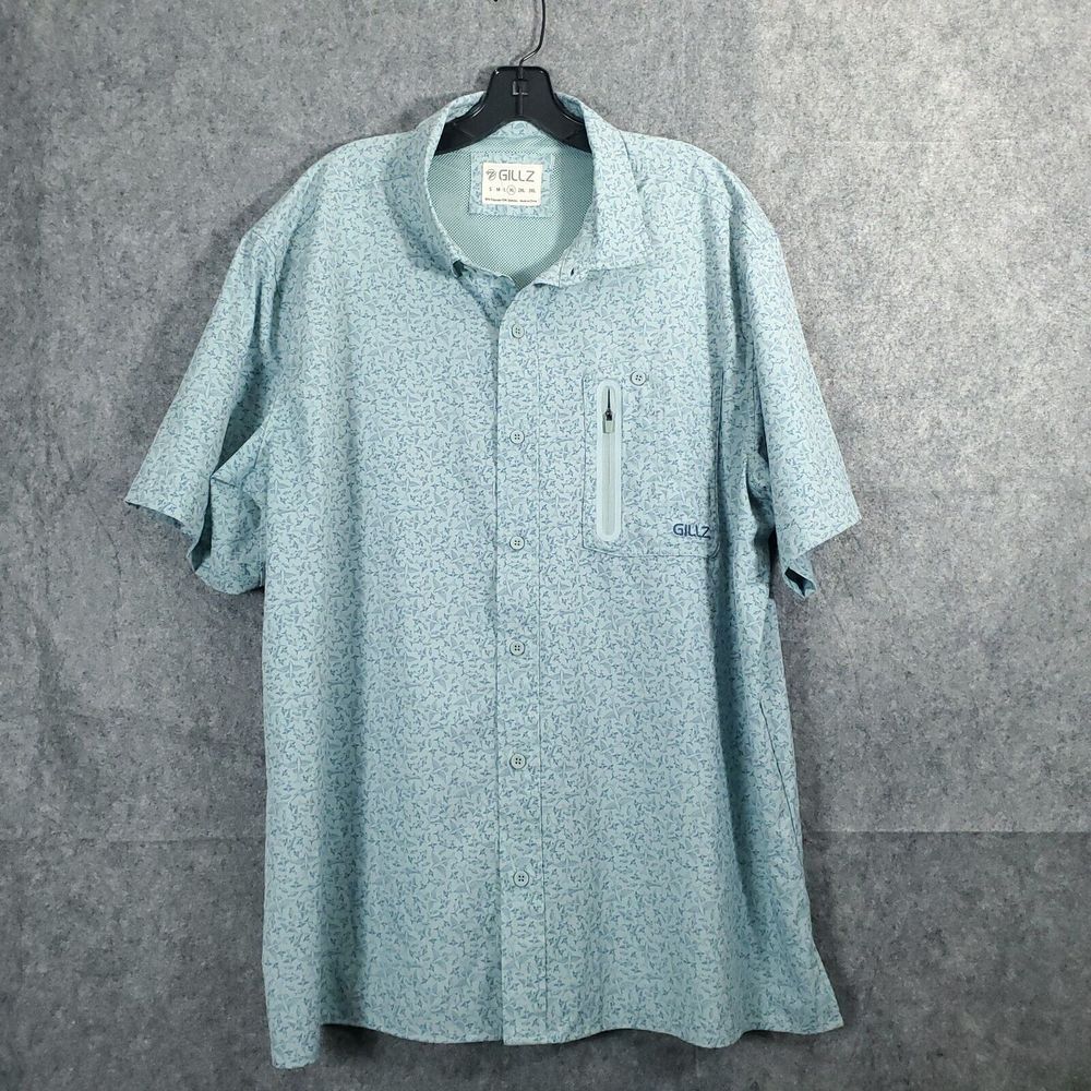 Gillz Shirt Mens XLarge Light Blue Swordfish Print Vented Button Up Front Pocket